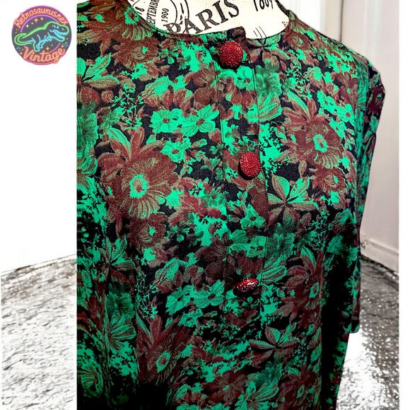 Vintage Rockabilly Mod Retro Green Floral Day Swing Dress, Plus Size - Picture 5 of 7